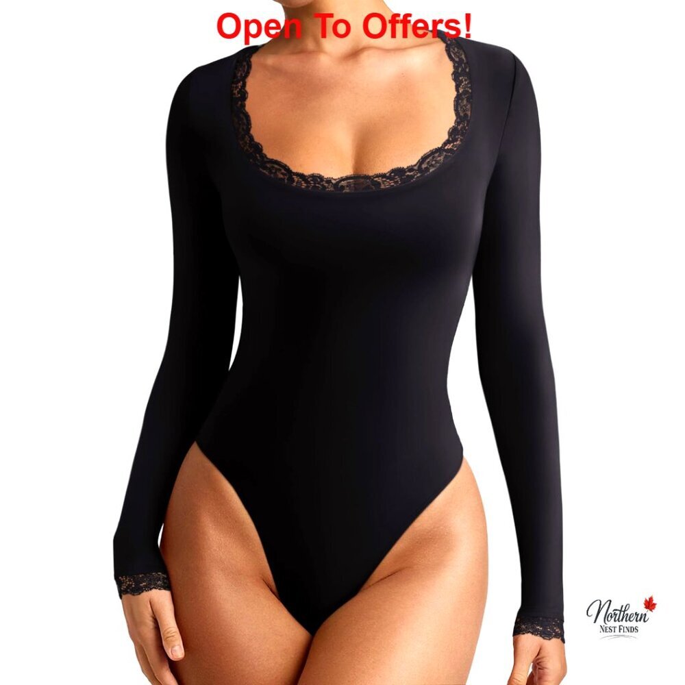 Long Sleeve Lace Bodysuit with Snap Closure, 75% Polyester 25% Spandex